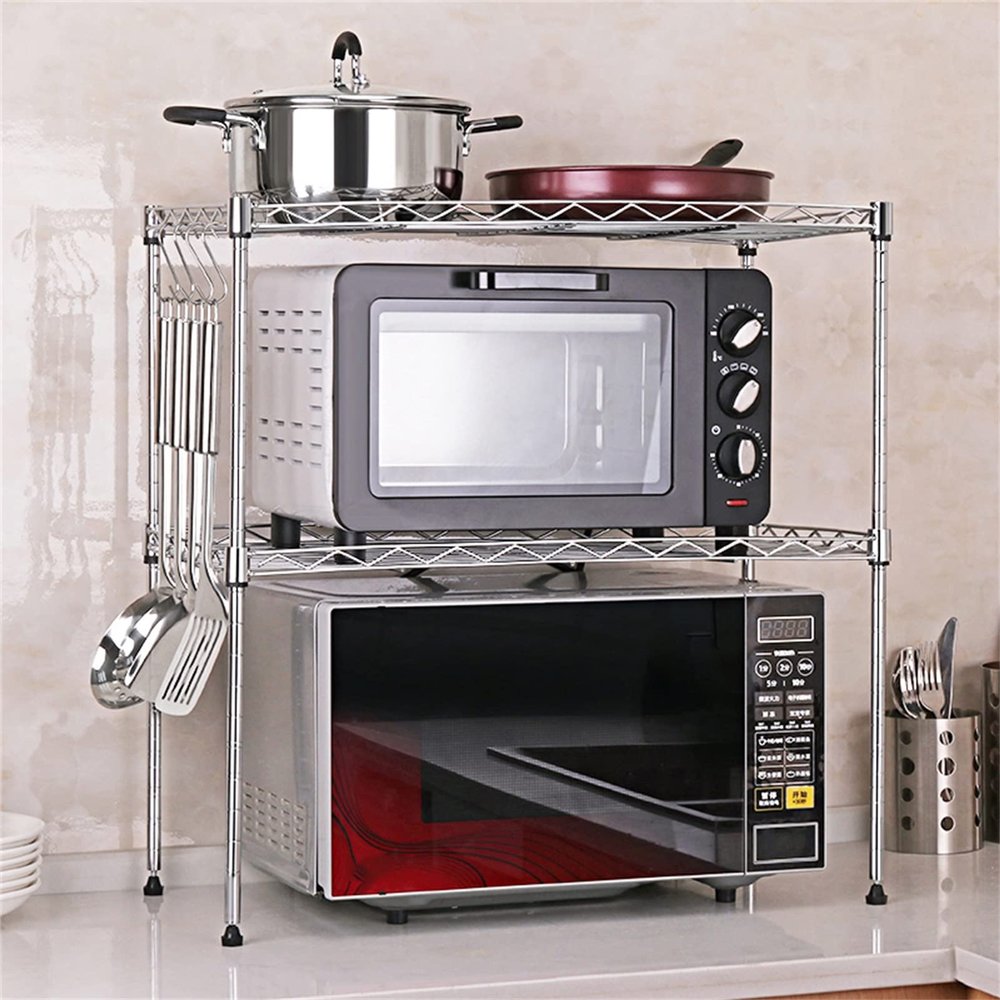 CGF- Microwave Stand, 2-Tier Multifunctional Microwave Ovens Countertop, Stainless Steel Fine Mesh Silver Kitchen Shelf with 4 Hooks