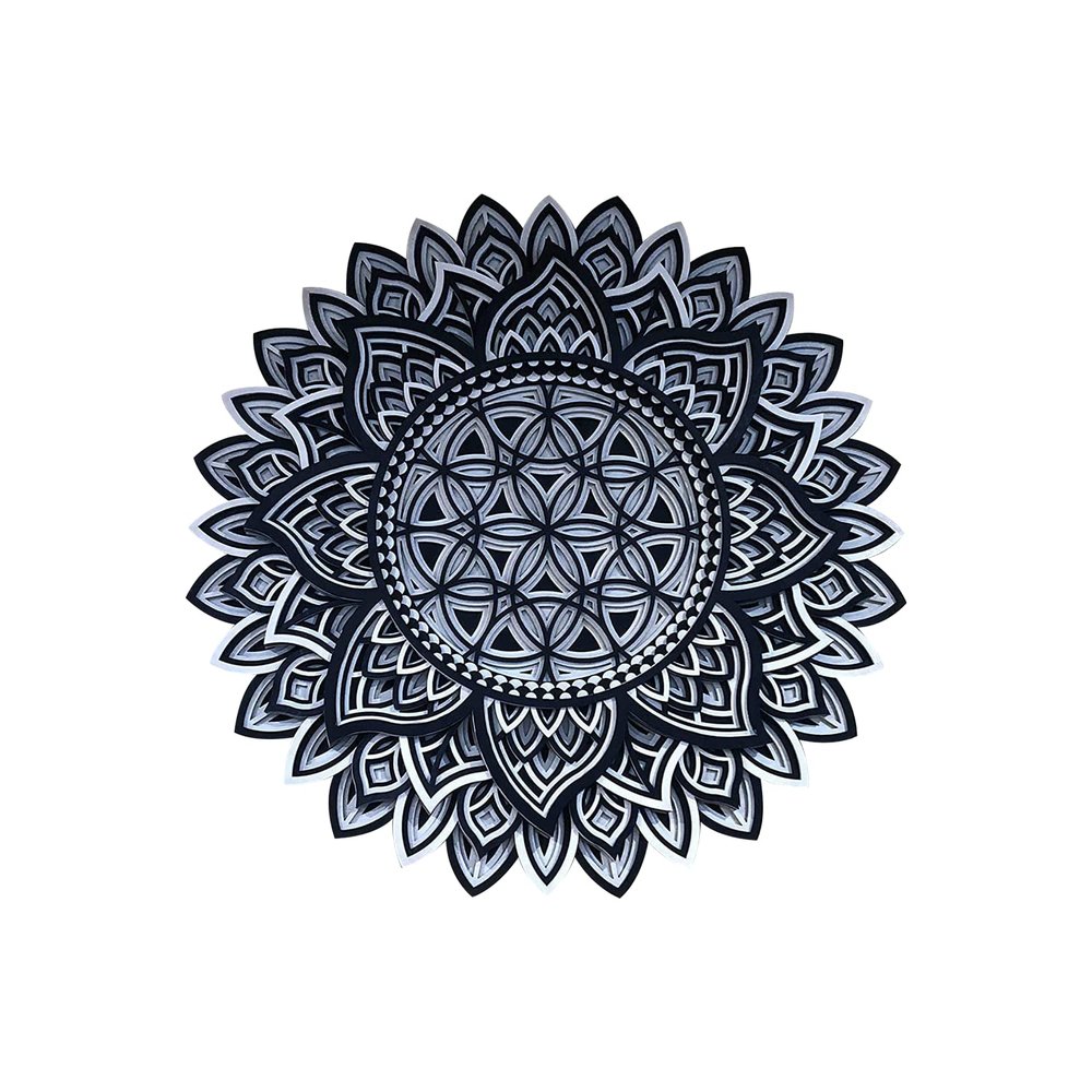BHDecor Home Wall Decor  Multilayered Laser Cut Carved Elegant Wooden Mandala Hanging MDF Panels for Decoration - Rustic Contemporary Artwork 14.1 x 14.1 inch (36cm), Black/White