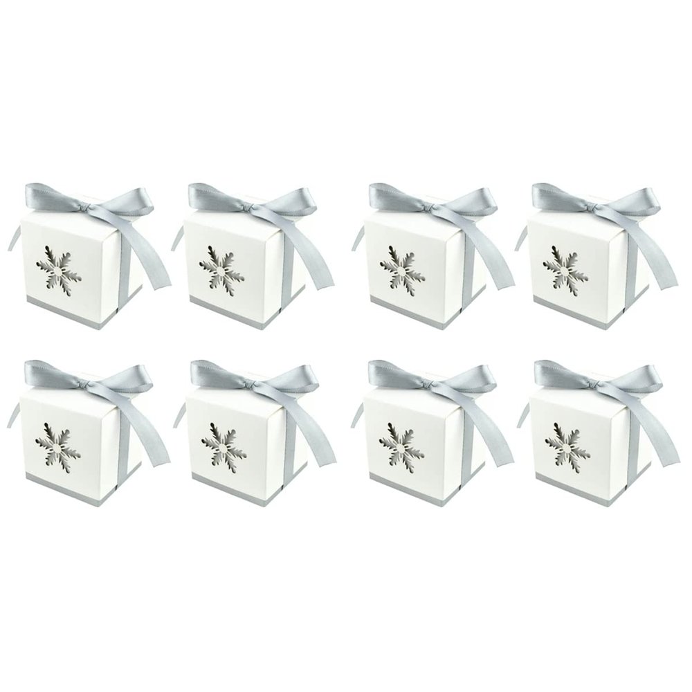 DOITOOL 40 pcs Candy Box Candy Favor Box Wedding Hollowed- Out Snowflake Shape Design with Ribbon for Guest (Snowflake Silver+ White