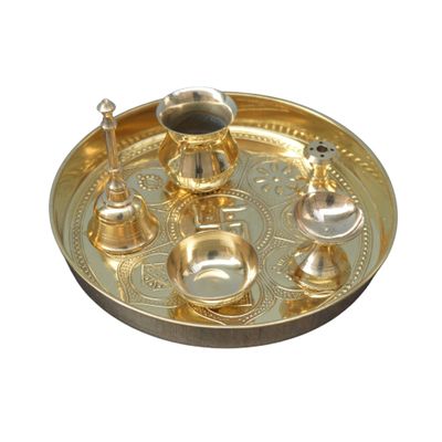 KALARAMBH Brass Pooja Puja Dish/Thali for Temple Mandir Arti Home Table Decor Collectible Handicraft Art - Yellow, 8 x 8 x 1 Inches (L x W x H)