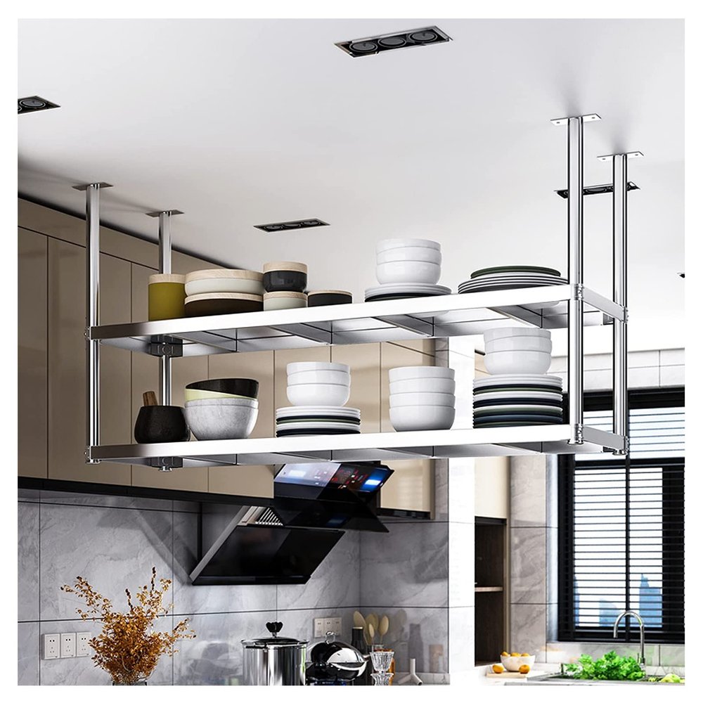 304 Stainless Ceiling Hanging Shelf, Steel Shelf Kitchen Restaurant Bar Living Room Ceiling Hanger Hanging Flower Shelf Decoration,Wrought Iron Bar (Size : 90X35X80CM)