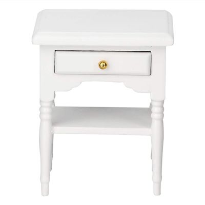 Table Nightstand Model, 1 12 Scale Dollhouse Accessories White Wooden Table Model Non- with Drawer for Doll's Bedroom
