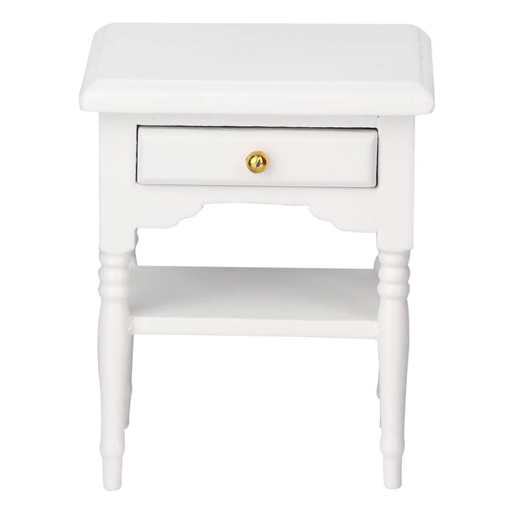 Table Nightstand Model, 1 12 Scale Dollhouse Accessories White Wooden Table Model Non- with Drawer for Doll's Bedroom