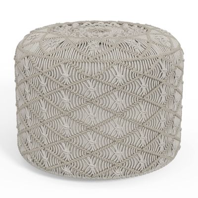 SIMPLIHOME Coates Contemporary Round Macrame Pouf in Cloud Grey Cotton for the Living Room, Bedroom and Kids Room