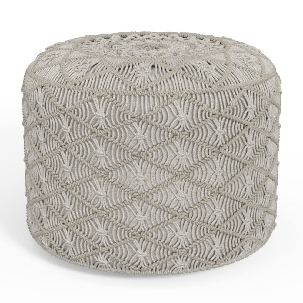 SIMPLIHOME Coates Contemporary Round Macrame Pouf in Cloud Grey Cotton for the Living Room, Bedroom and Kids Room