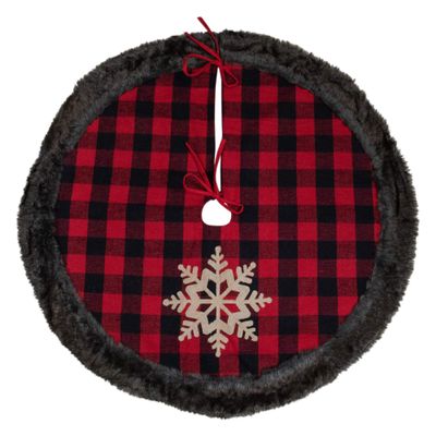 48-Inch Red and Black Christmas Tree Skirt with Burlap Snowflake