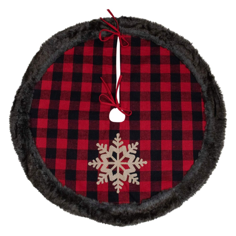 48-Inch Red and Black Christmas Tree Skirt with Burlap Snowflake