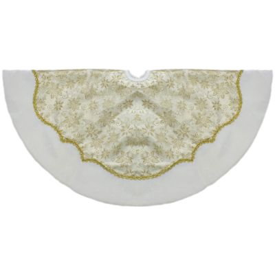 48-Inch Gold Poinsettia Glitter Christmas Tree Skirt with a Velvet Border
