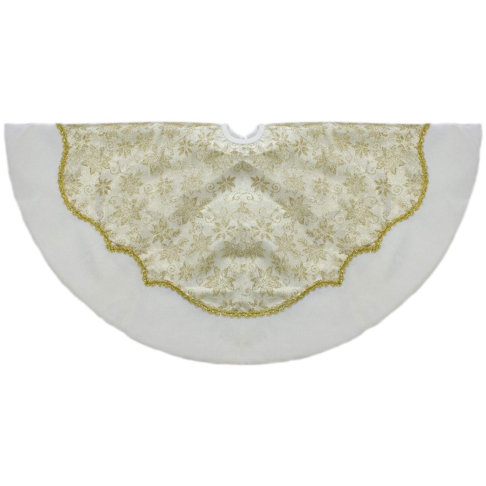 48-Inch Gold Poinsettia Glitter Christmas Tree Skirt with a Velvet Border