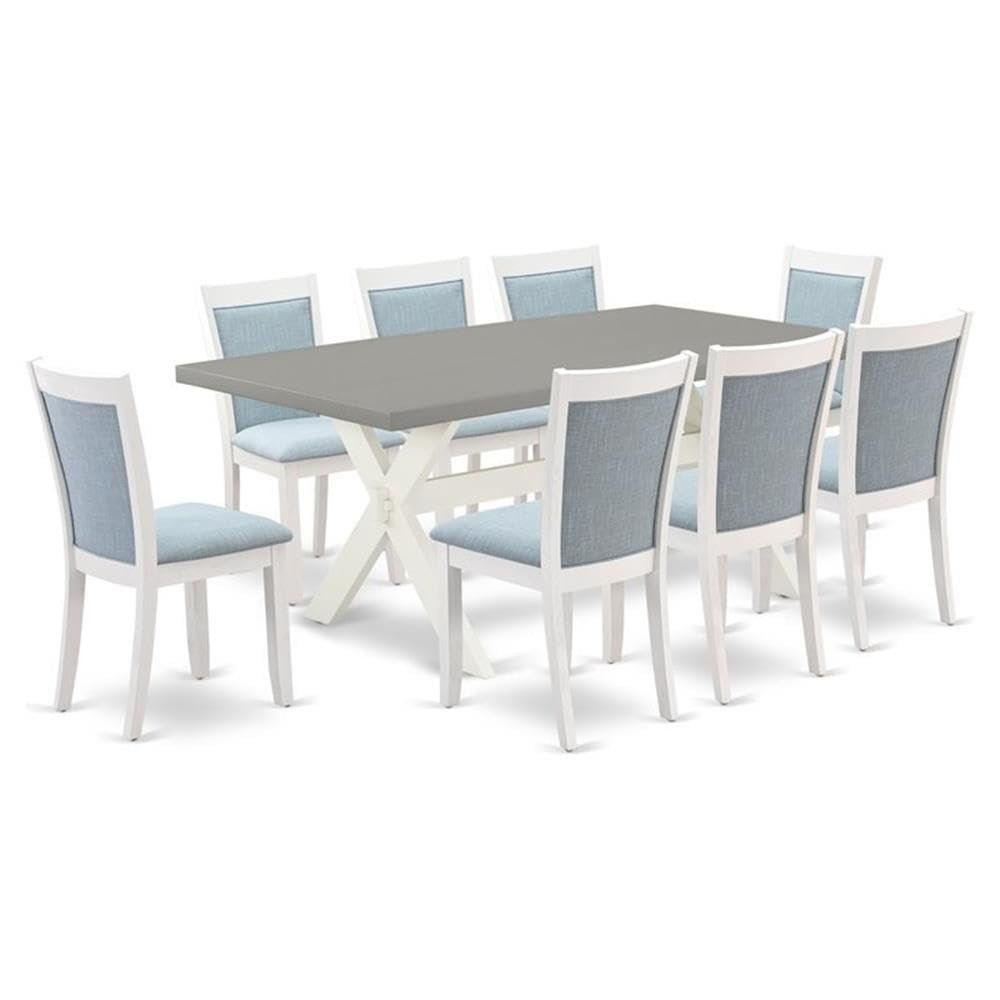 East West Furniture X097MZ015-9 9 Piece Dining Room Furniture Set Includes a Rectangle Dining Table with X-Legs and 8 Baby Blue Linen Fabric Parsons Chairs, 40x72 Inch, Multi-Color
