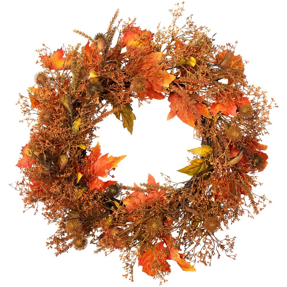24-Inch Autumn Harvest Maple Leaf with Berries Artificial Wreath; Unlit