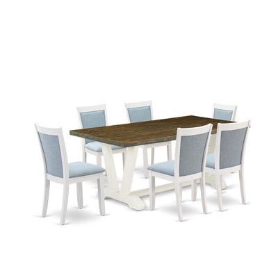 East West Furniture V077MZ015-7 7 Piece Dinette Set Consist of a Rectangle Dining Room Table with V-Legs and 6 Baby Blue Linen Fabric Parson Dining Chairs, 40x72 Inch, Multi-Color