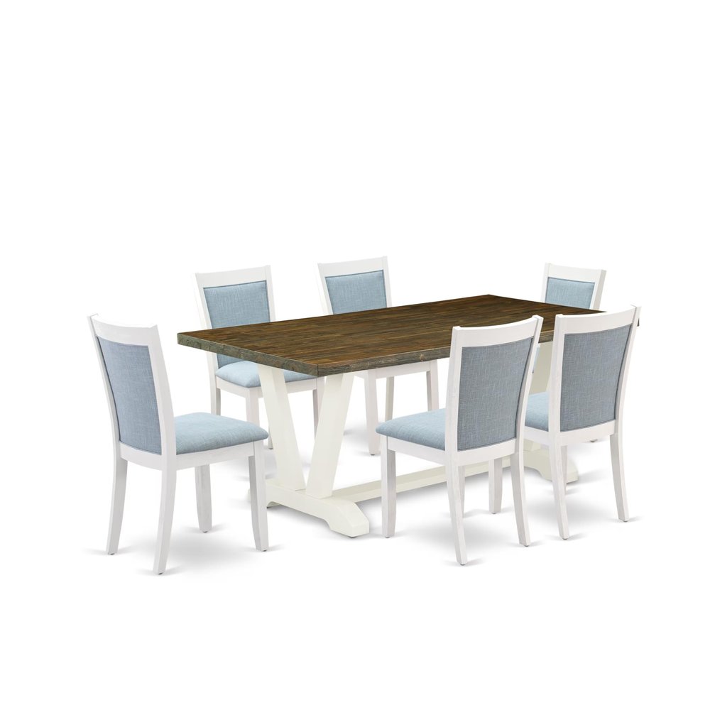 East West Furniture V077MZ015-7 7 Piece Dinette Set Consist of a Rectangle Dining Room Table with V-Legs and 6 Baby Blue Linen Fabric Parson Dining Chairs, 40x72 Inch, Multi-Color