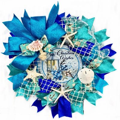 Artisan Coastal, Beach, Nautical Christmas Wreath, Sand Dollar, Starfish, Seashells & Nautical Rope Knots, Bow