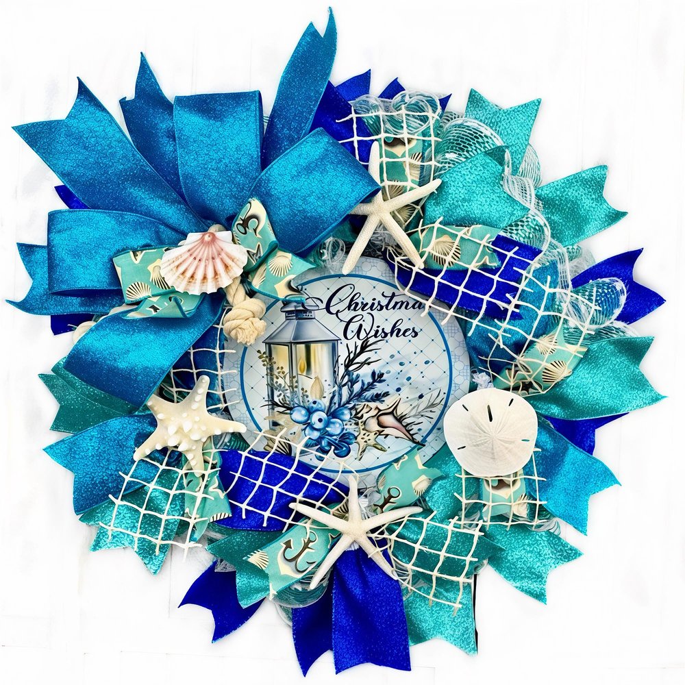 Artisan Coastal, Beach, Nautical Christmas Wreath, Sand Dollar, Starfish, Seashells & Nautical Rope Knots, Bow