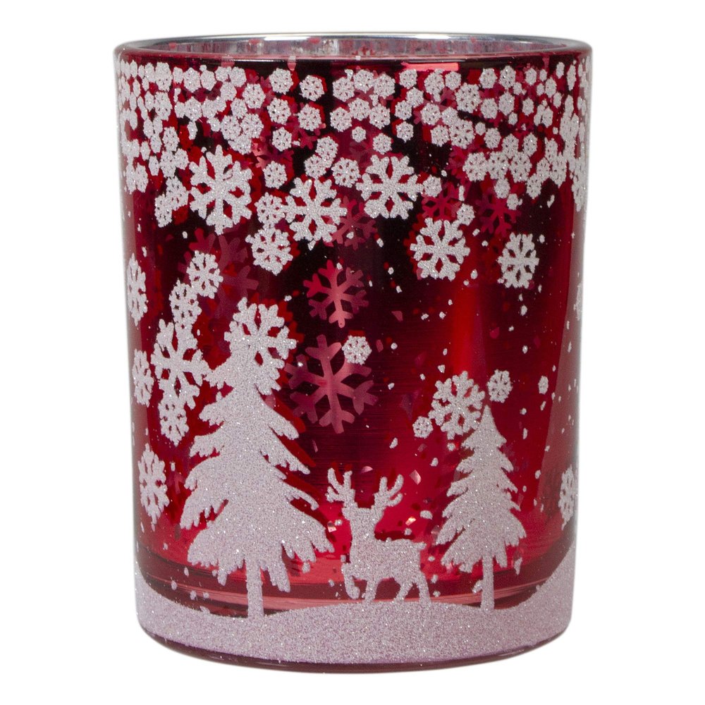 5" Red and Shiny Silver Deer in Winter Woods Flameless Candle Holder