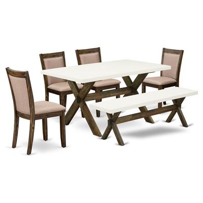 East West Furniture X726MZ716-6 6 Piece Dining Set Contains a Rectangle Dining Room Table with X-Legs and 4 Dark Khaki Linen Fabric Parson Chairs with a Bench, 36x60 Inch, Multi-Color