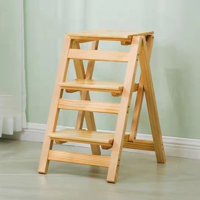 Foldable Kitchen Step Ladder, Wooden Stepladders Home Library Climb Ladder Portable Multifunction Stairs Chair Counter Chair,Natural Wood