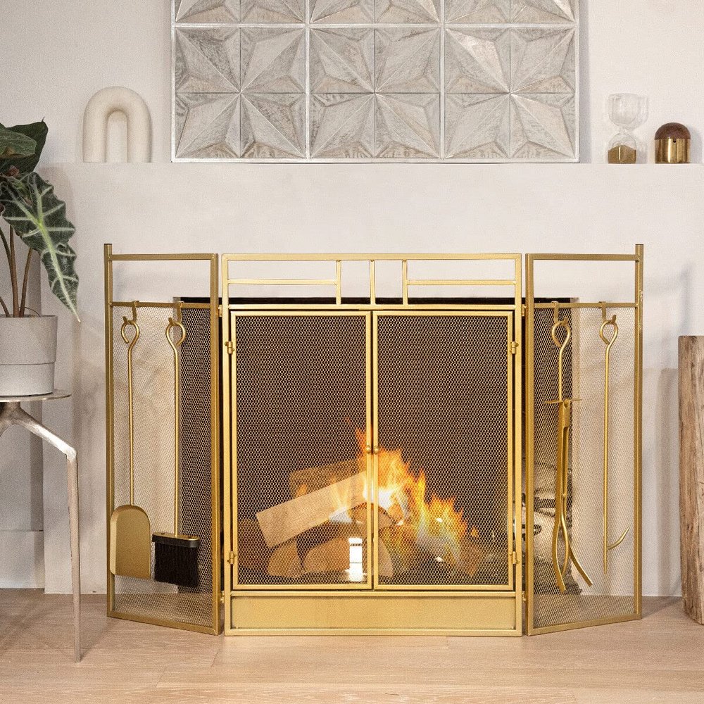Barton 48" Fireplace Screen 3-Panel Folding Magnetic Doors with 4-Pieces Fire Place Tools Set Steel Fire Spark Guard, Gold