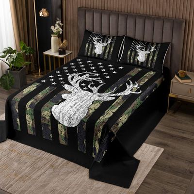 American Flag Quilted,Deer Hunting Bedspread,Army Green Military Camo Bedding Coverlet Set Queen For Boys Teens Kids Man,Western Rustic Camouflage Woodland Animal Quilt Set Bedroom Decor 3 Pcs