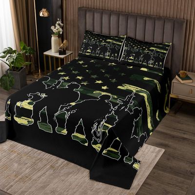 American Flag Bedspread for Boy Teen Armygreen Camouflage Bedding Sets Adult Men Youth Vintage Usa Flag Stripes Military Style Camo Quilted Coverlet Soldier Silhouettes Coverlet Set, Twin Size
