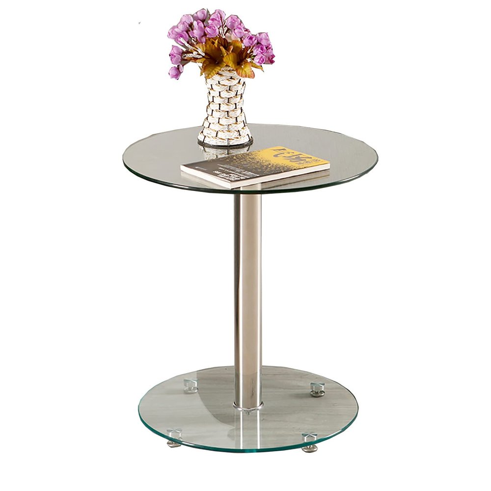 ZSH Coffee Table, Tempered Glass Bedside Tables, 2 Tier Round Sofa Side End Tables Stainless Steel Legs,Storage Shelf for Living Room (Color : A)