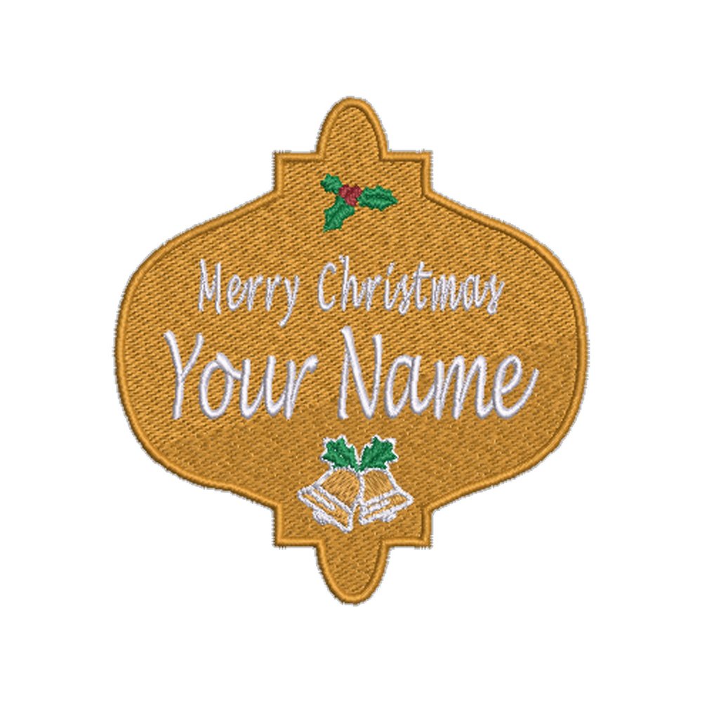 Custom"Your Name" Christmas Stocking Name Tag 4" W x 3.7" T Embroidered Patch Iron-On or Sew-On/Gold and White Personalized Applique - Festive Font - Vest Clothing - Merry Christmas, Ornament, Bell