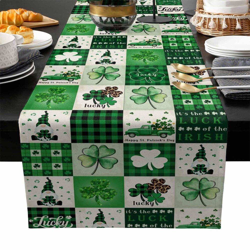 St Patricks Day Burlap-Cotton Table Runner 72 Inches Long, Truck Pull Gnomes Clover Plaid Rustic Farmhouse Table Runners, Outdoor Dining Luck Irish Tablerunner Spring Tablecloths Decor for Wedding