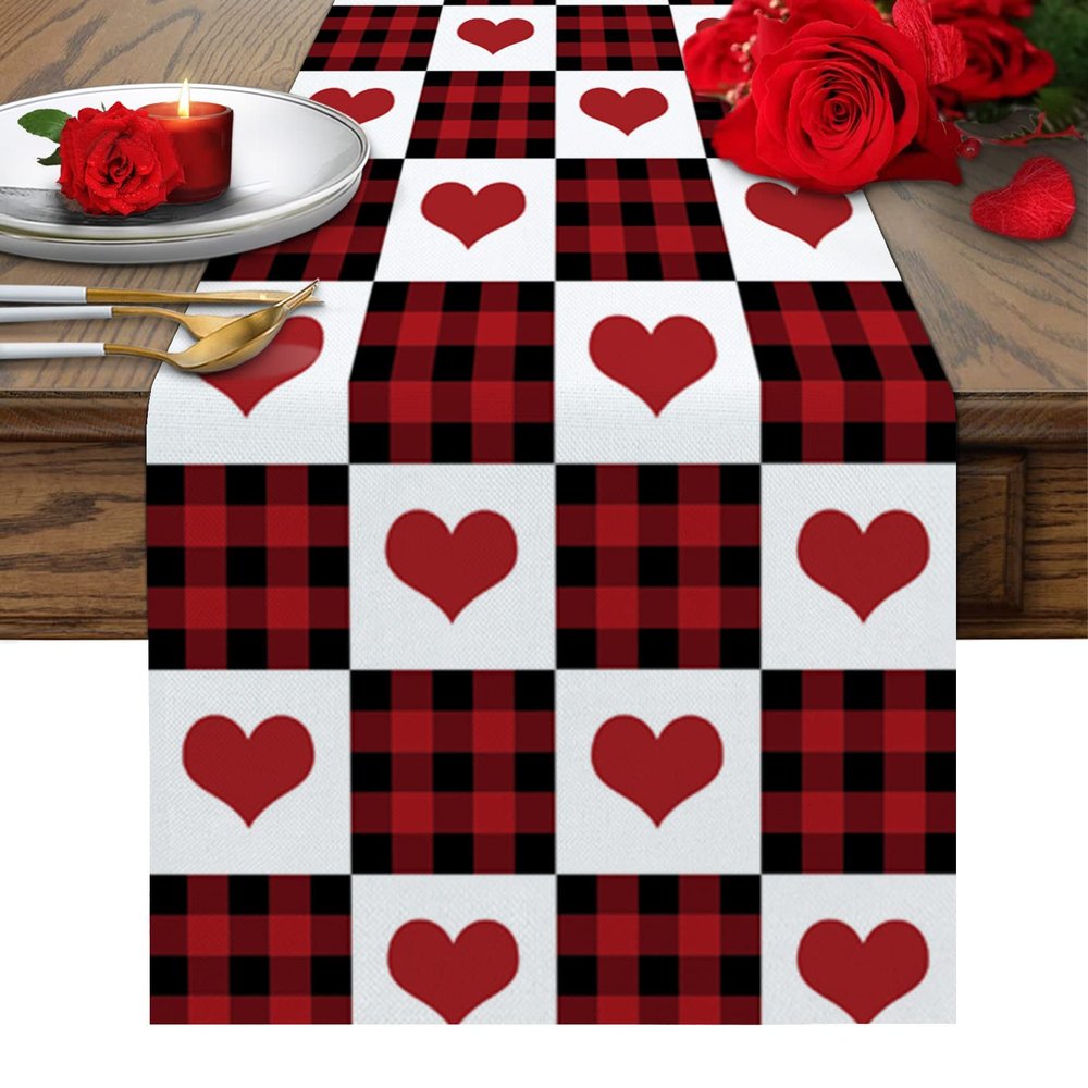 Valentines Day Burlap-Cotton Table Runner 72 Inches Long, Love Hearts Red Black Buffalo Plaid Farmhouse Table Runners, Outdoor Dining Red White Tablerunner Holiday Spring Tablecloths Decor for Wedding