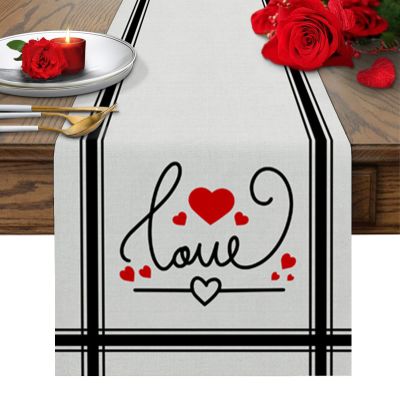 Valentines Day Burlap-Cotton Table Runner 72 Inches Long, Love Words Red Heart Black Lines Farmhouse Table Runners, Outdoor Dining Holiday White Tablerunner Spring Tablecloths Decor for Party/Wedding