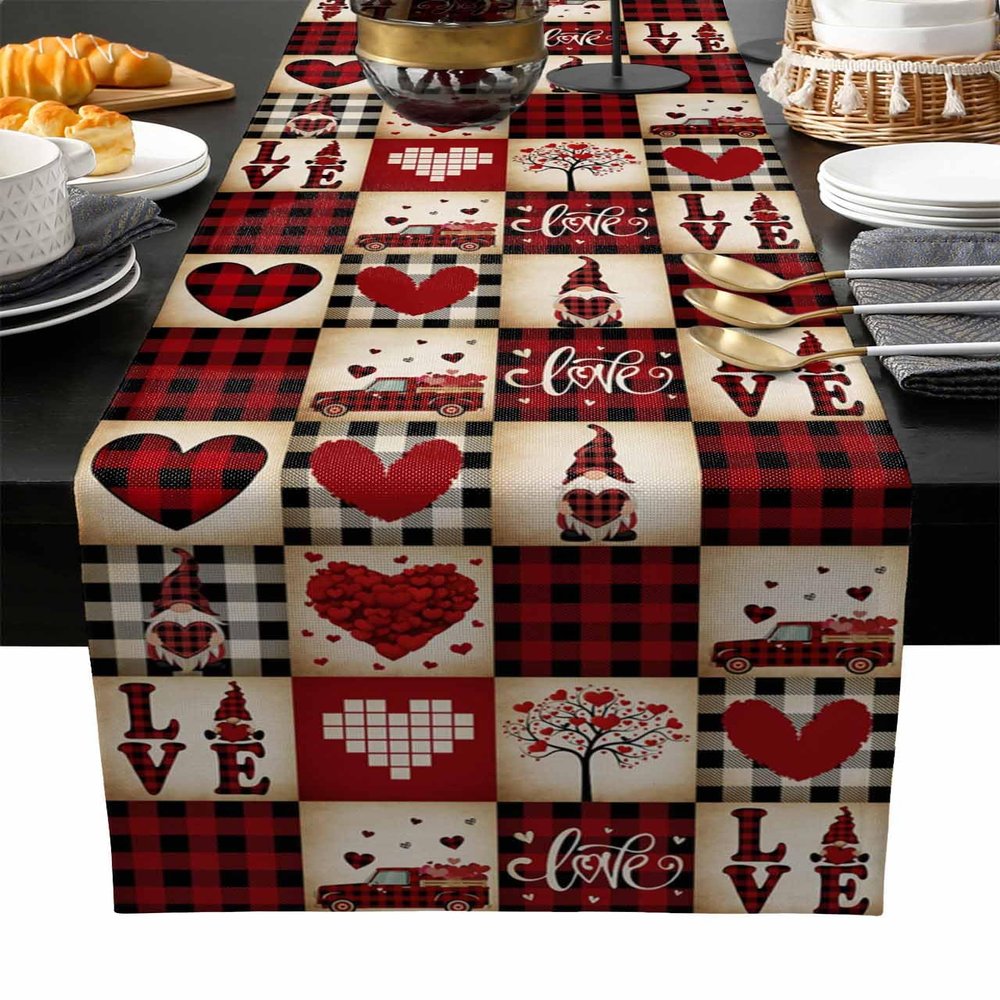 Valentines Day Truck Burlap-Cotton Table Runner 70 Inches Long, Gnomes Plaid Red Rustic Farmhouse Table Runners, Outdoor Dining Love Heart Holiday Tablerunner Spring Tablecloths Decor for Wedding
