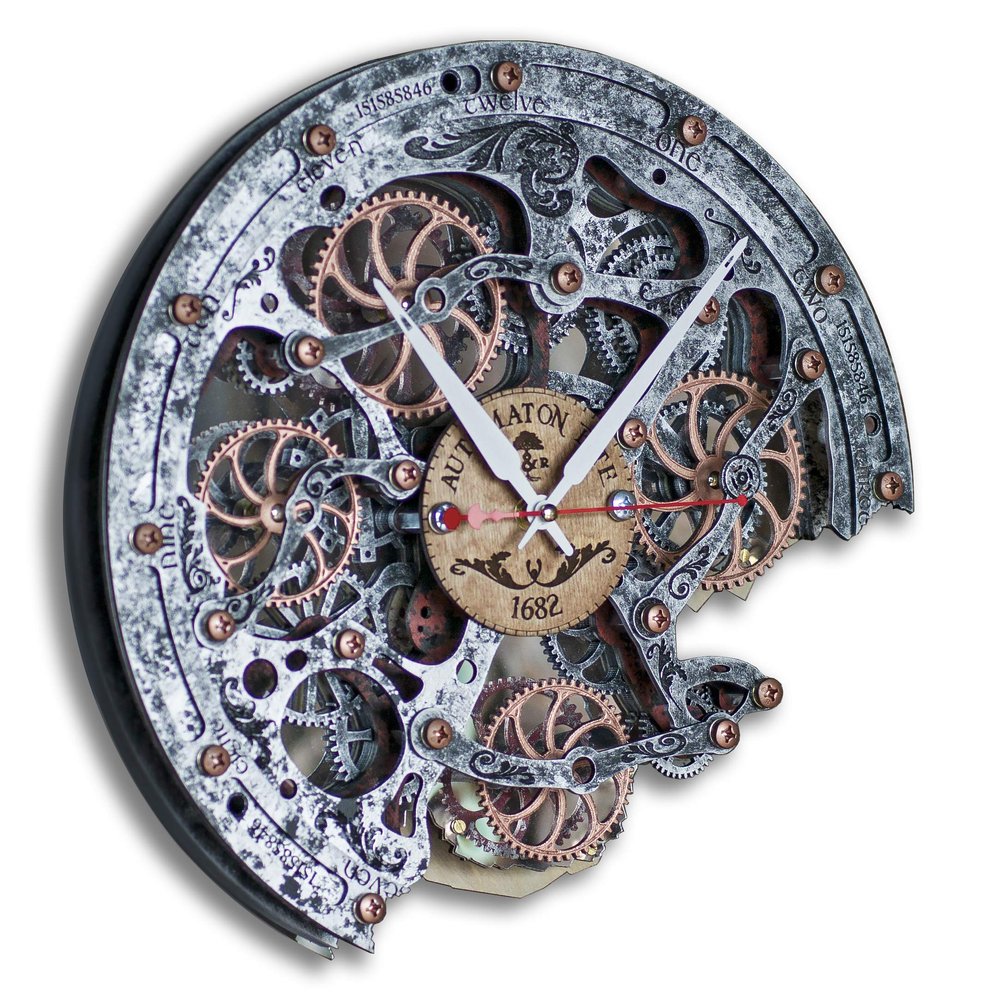 Automaton Bite 1682 Old Metal Steampunk Wall Clock | 14"  13" Moving Gears | Handmade Kinetic Art, Personalized Engraving
