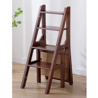 LHYZF Solid Wood Folding 4 Step Ladder Chair, Household Portable Step Stool Ladder Chair, Multifunction Stepladder and Dinner Chairs Combination