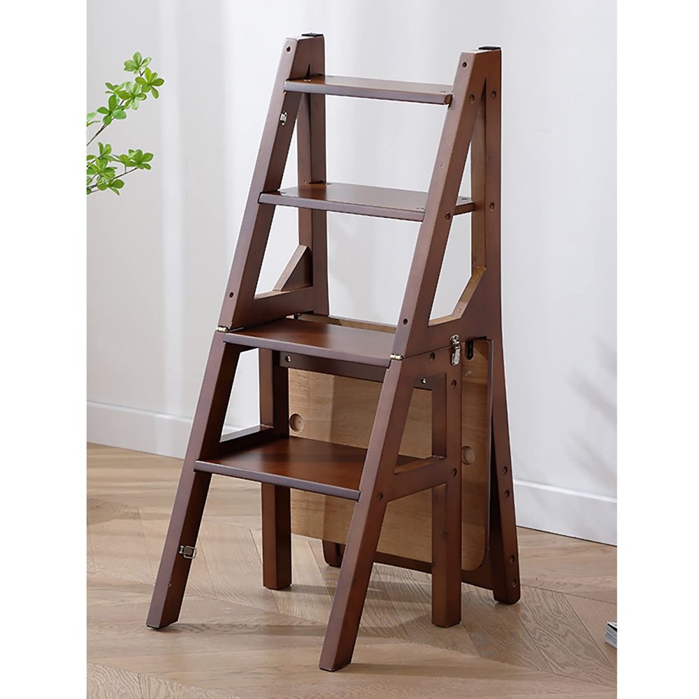 LHYZF Solid Wood Folding 4 Step Ladder Chair, Household Portable Step Stool Ladder Chair, Multifunction Stepladder and Dinner Chairs Combination