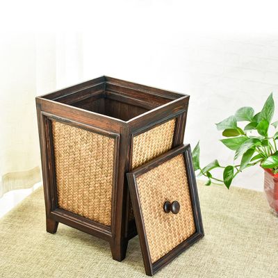 DRSFF Retro Waste Paper Basket Bathroom Garbage Bin Living Room 12 L Wooden Rattan Trash Can Home Hotel Durable Storage Bucket with Lid Rubbish Container