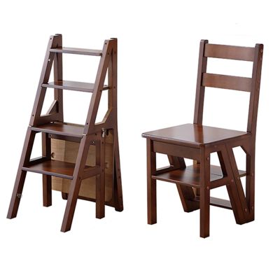 LHYZF Wooden Folding 4 Step Ladder Chair, Multifunction Stepladder and Dinner Chairs Combination for Kitchen/Office/Library -150kg