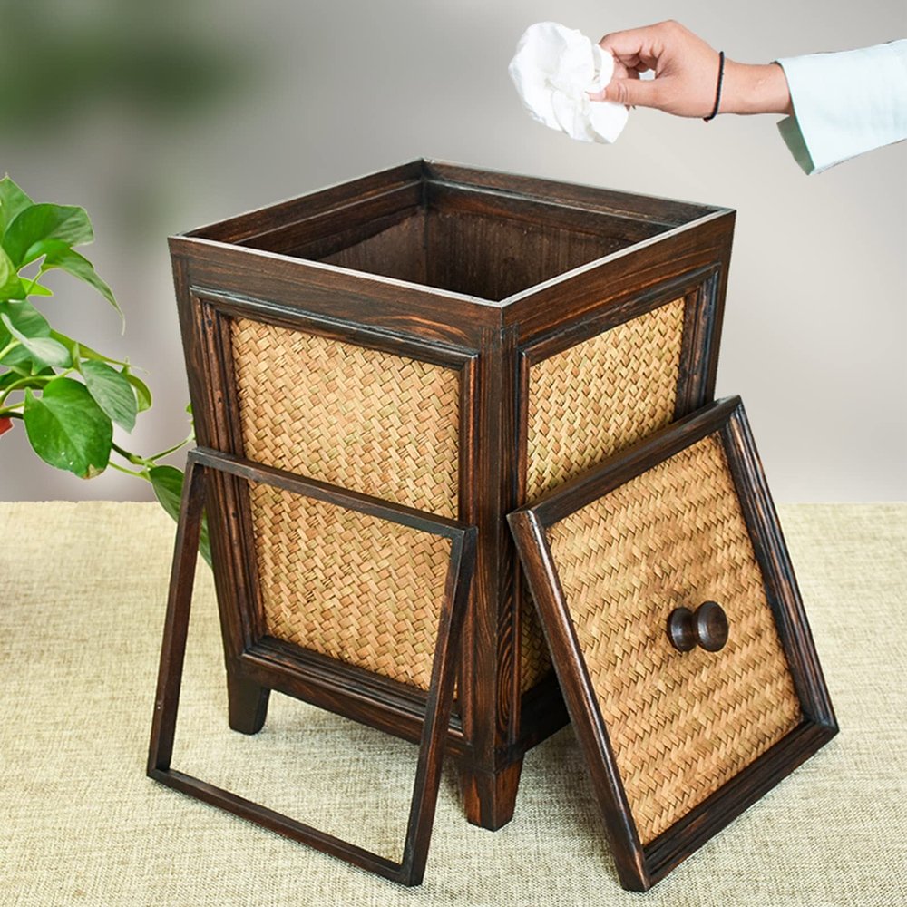DRSFF Retro Wooden Rattan Bathroom Waste Paper Basket Living Room Bedroom Garbage Bin Durable Trash Can Home Hotel Storage Bucket - Special-Shaped with Lid