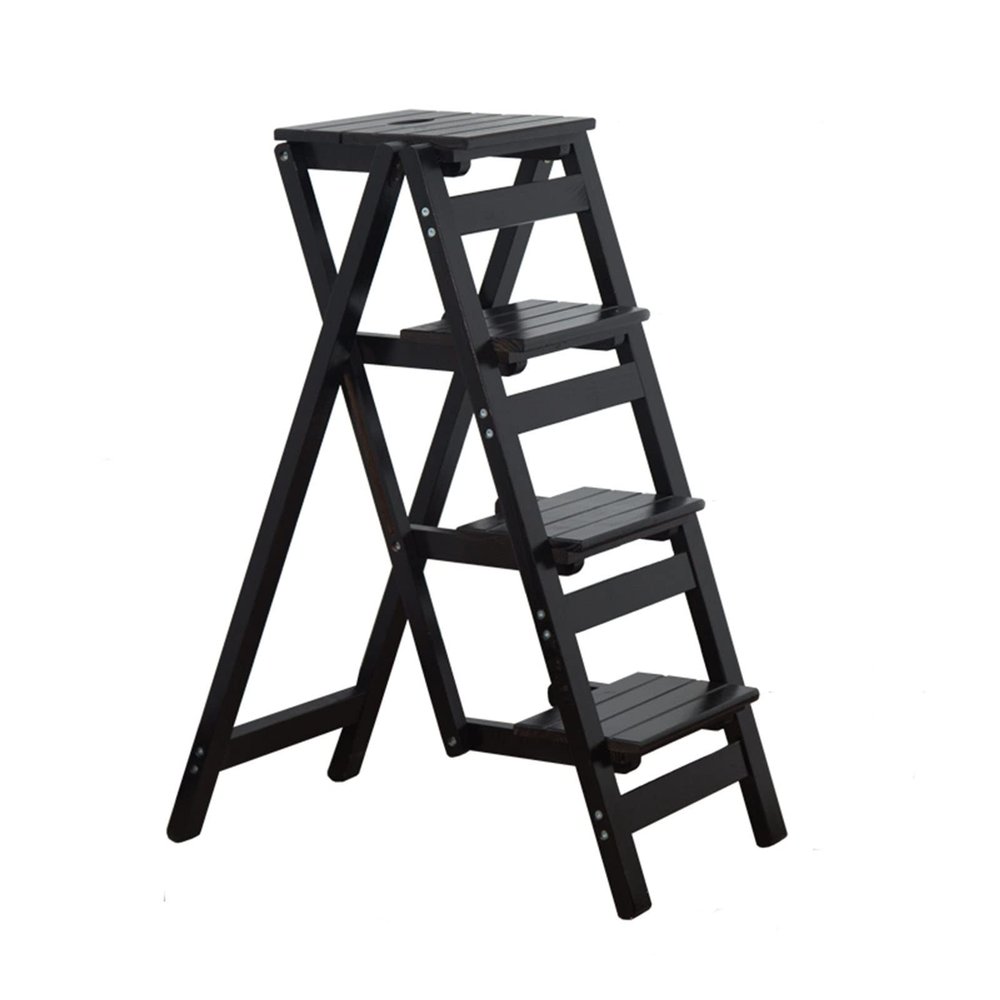 4 Steps Ladder Chair Wooden Step Stool, Portable Stair Chair Folding Home Library Climb Ladder Stepladder Multifunction Steps Bookshelf Display Shelves