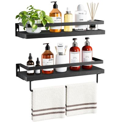 AMADA HOMEFURNISHING Bathroom Shelves with Towel Bar, Floating Shelves, Wall Shelves for Bathroom/Living Room/Kitchen/Bedroom, Black, Set of 2 - AMFS01B