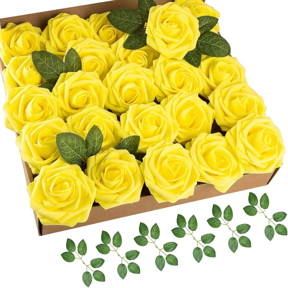 cosybeau Yellow Roses Artificial Flowers Fake Rose 50 PCS w/Stem Fall Decoration Crafts Bouquets Centerpieces Arrangements Party Home Decor Valentine's Day 3 inch rose head
