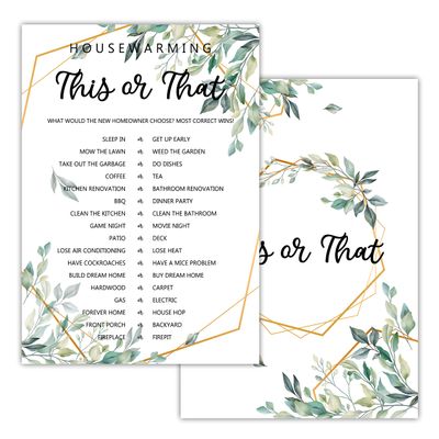 Housewarming Party Games, This or That, Greenery New Home, New House, New Homeowner Party Games Cards, 30 Sheets Each Pack
