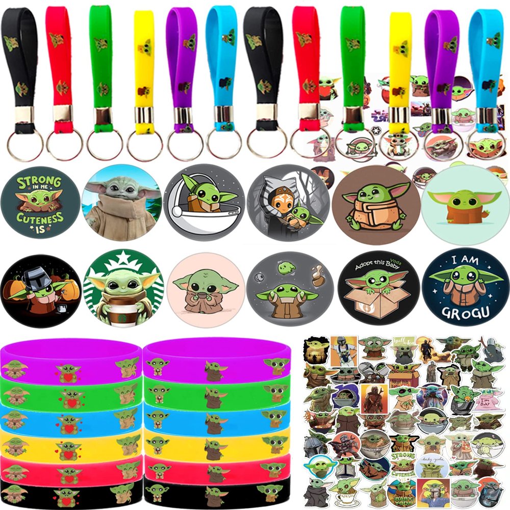 YUANHUISHENG Yoda Birthday Party Supplies, 109 Pack Party Favors - 12 Bracelets, 12 Keychains, 12 Button Pins, 1 Tattoo Sticker, 72 Stickers for Birthday Party Decorations