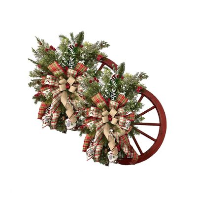 2 Pieces Wagon Wheel Wreath, Christmas Red Fruit Garland, Winter Farmhouse Decoration Round Garland, Christmas Decoration Front Door Door Hanging Suitable For Front Door Winter Decoration Garland
