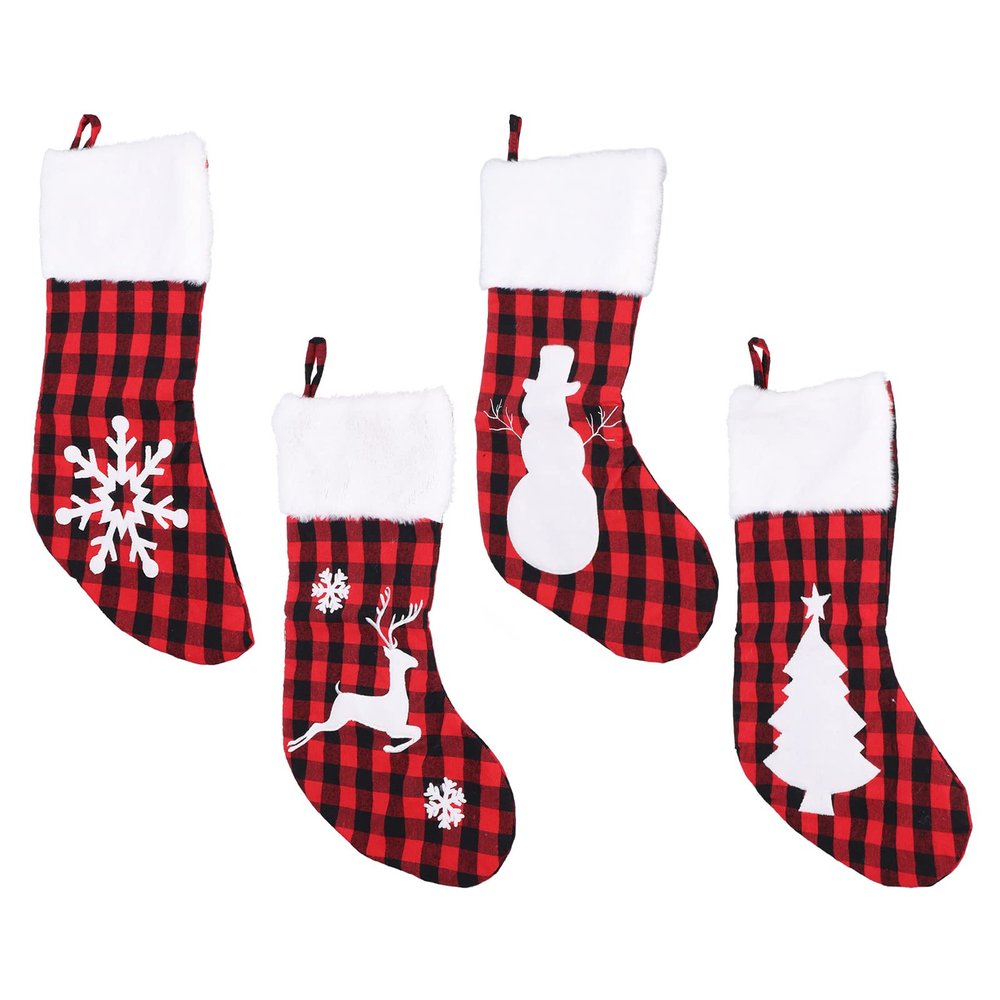 4-Pack Christmas Stockings, Xmas Fireplace Hanging Stockings, Christmas Tree, Snowflake, Snowman, Reindeer, Decorative Christmas Stockings for Xmas Holiday, Christmas Tree, Fireplace, Staircase