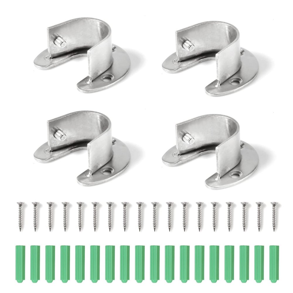 SPEEDWOX 4 Pcs Wardrobe Closet Rod Bracket Stainless Steel 1 inch Diameter U-Shaped Open Type Socket Bracket Silver Flange Rod Holder Closet Rod End Supports with Matching Screws(25mm)