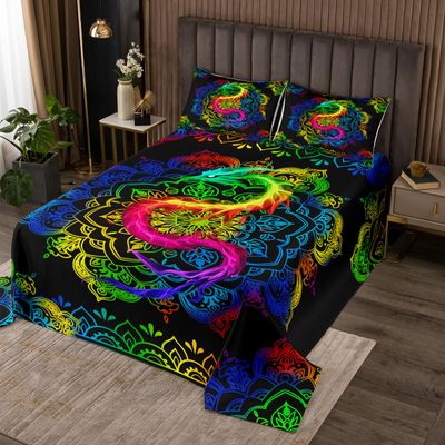 Watercolor Dragon Bedspread Queen,Rainbow Mandala Print Quilted Coverlet Boho Exotic Style and Animal Theme Bedding Set 3pcs for Kids Child Teens Room Decor,Black Bedding Quilt with 2 Pillowcases