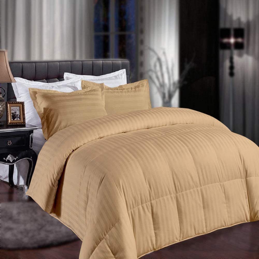 3 PC Stripe Box Stitched Comforter Set, 100% Natural Cotton Bedding Comforter with 2 Pillowshams Twin/Twin XL-Taupe Stripe Soft Down Quilted All Season Lightweight Duvet Insert 500 GSM