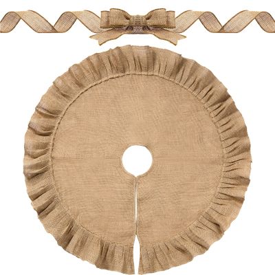 Chalyna 47 Inches Christmas Tree Skirt Decorations with 3 Inch x 10 Yard Christmas Ribbon Linen Burlap Round Vintage Tree Skirt Ornaments for Xmas Outdoor Holiday Family Winter Home Farmhouse Decor