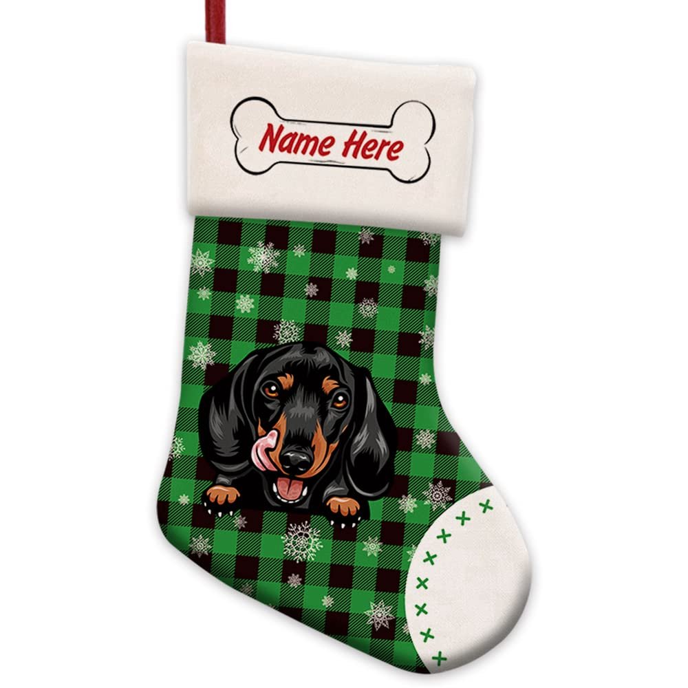 MALIHONG 1 Pack Personalized Christmas Green Buffalo Plaid Stocking with Lovely Dog Dachshund Snowflake Home Decor Gifts for Family 14.4"