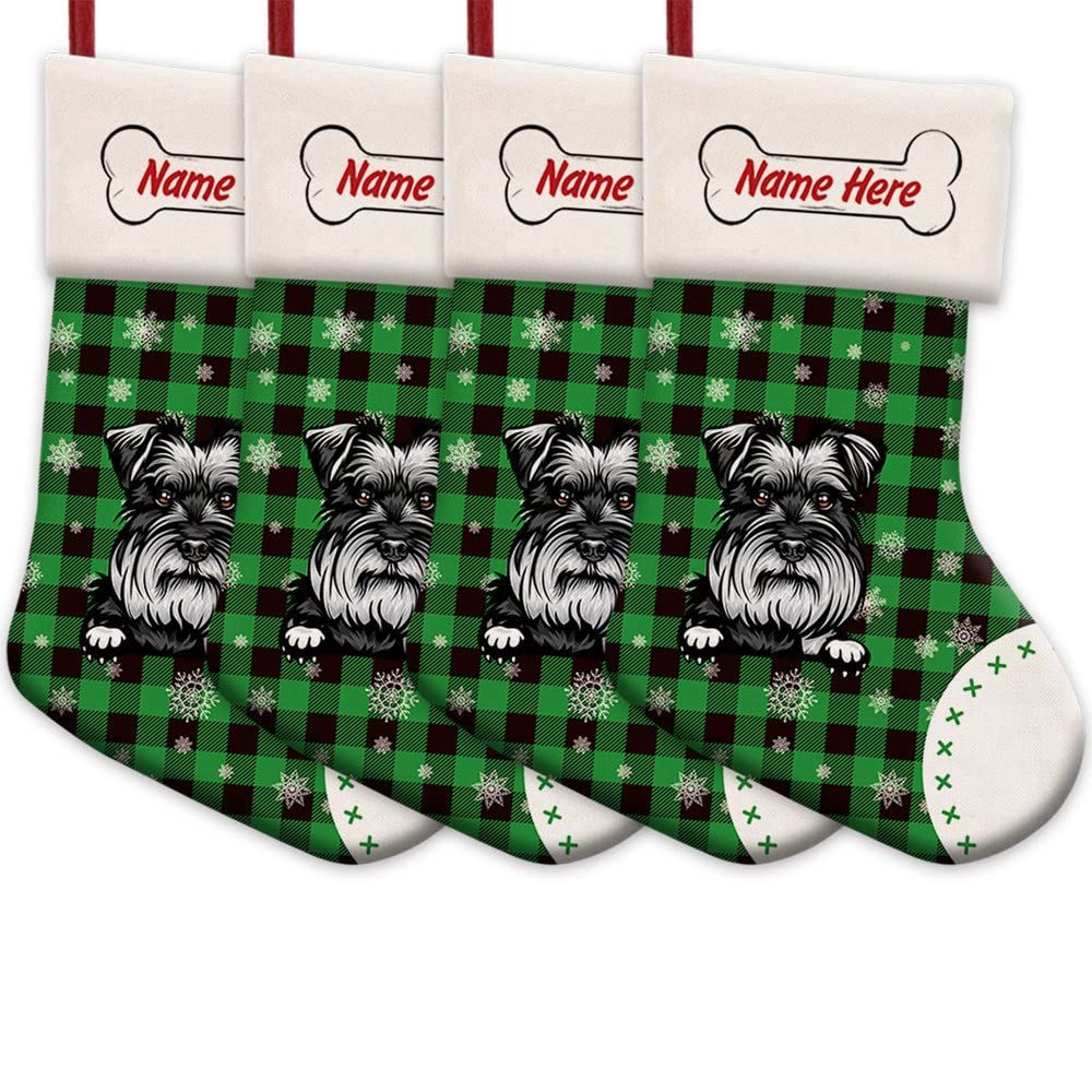 MALIHONG 4 Pack Customized Christmas Green Buffalo Plaid Stocking with Lovely Dog Schnauzer Snowflake Home Decorations Gifts for Family 14.4"